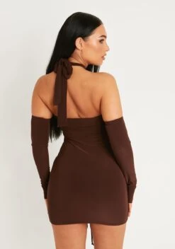 Simone Chocolate Cut Out Cold Shoulder Ruched Mini Dress -LA Dress Sales Store me7421 17 10 2022 grnkp jpg