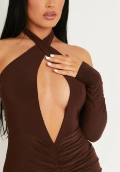 Simone Chocolate Cut Out Cold Shoulder Ruched Mini Dress -LA Dress Sales Store me7421 17 10 2022 qa4tv jpg