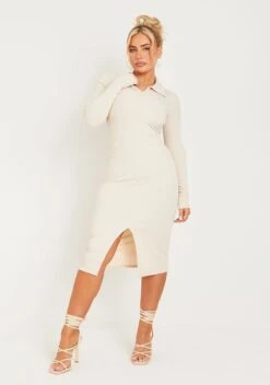 Rhianna Cream Crinkle Rib Long Sleeve Collared Midi Dress -LA Dress Sales Store me7493 11 10 2022 9dfzm jpg