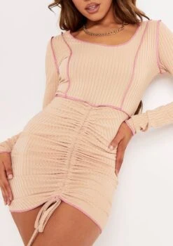 Leila Beige Pink Contrast Stitch Ruched Front Mini Dress 8 Leila Beige Pink Contrast Stitch Ruched Front Mini Dress -LA Dress Sales Store ribbed beige and pink detail dress jpg